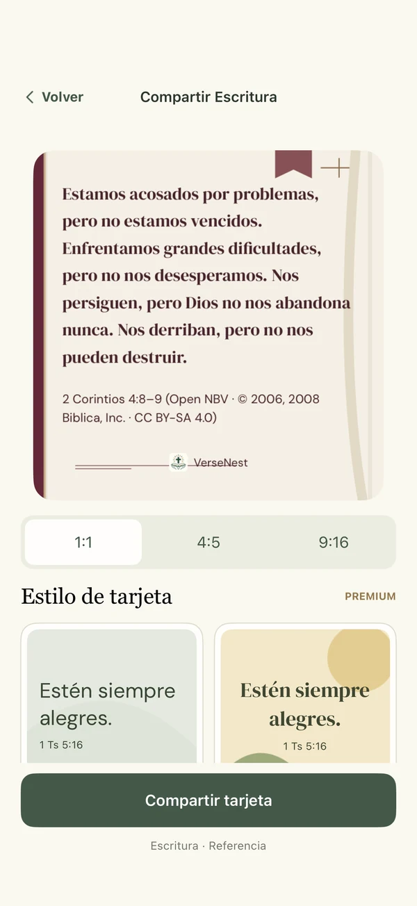 Pantalla Compartir Escritura de VerseNest con una tarjeta bíblica y opciones de diseño