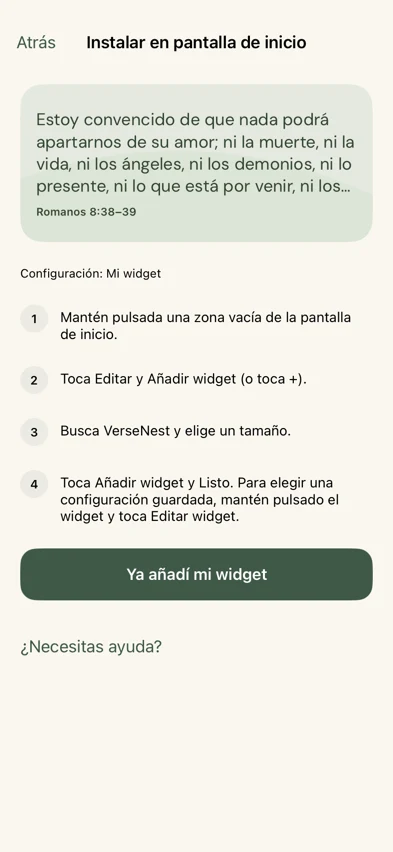 Instrucciones de configuración de inicio dentro de VerseNest
