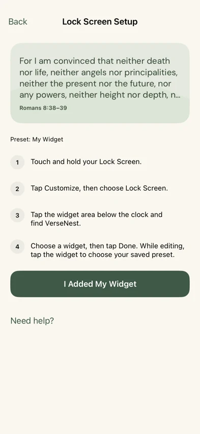 Lock Screen setup instructions inside the VerseNest app