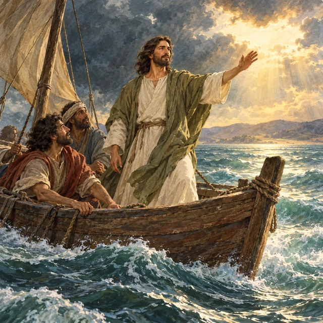 Jesus calming the storm with his disciples