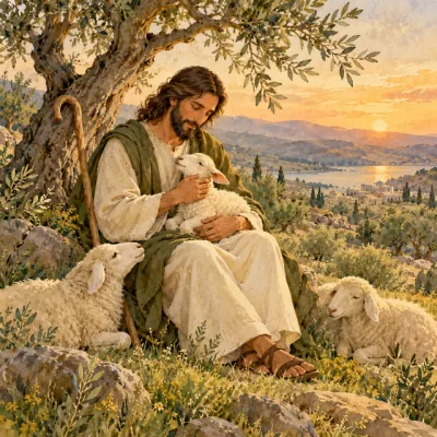 Jesús, el Buen Pastor, cuida de un cordero